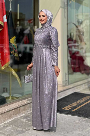 Simli Taş Detaylı Abiye 3934 Gri