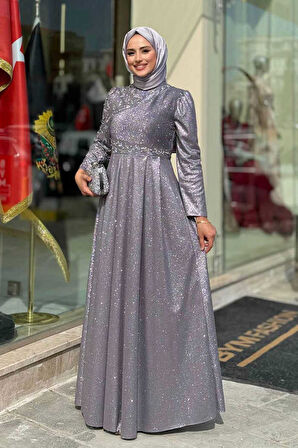 Simli Taş Detaylı Abiye 3934 Gri