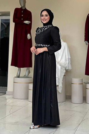 Simli Taş Detaylı Abiye 3934 Siyah