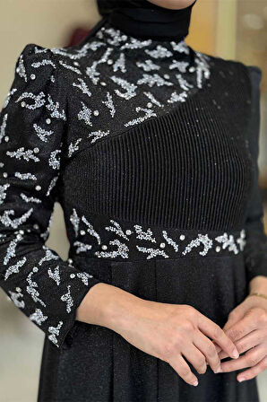 Simli Taş Detaylı Abiye 3934 Siyah