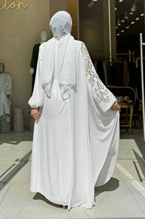 Taş Detay Pelerinli Elbise Takım 3939 Ekru