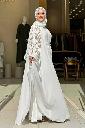 Taş Detay Pelerinli Elbise Takım 3939 Ekru