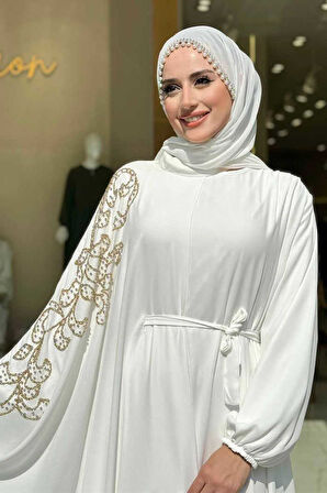 Taş Detay Pelerinli Elbise Takım 3939 Ekru