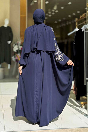 Taş Detay Pelerinli Elbise Takım 3939 Lacivert