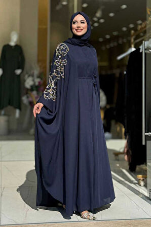Taş Detay Pelerinli Elbise Takım 3939 Lacivert
