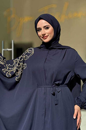 Taş Detay Pelerinli Elbise Takım 3939 Lacivert