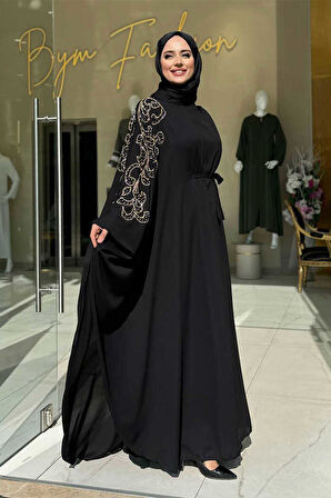 Taş Detay Pelerinli Elbise Takım 3939 Siyah