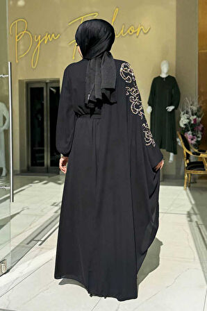 Taş Detay Pelerinli Elbise Takım 3939 Siyah