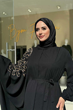 Taş Detay Pelerinli Elbise Takım 3939 Siyah