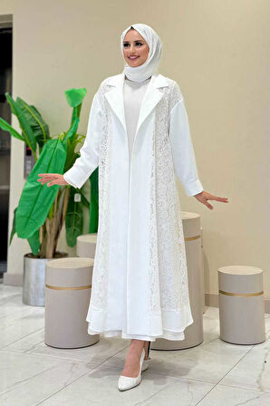 Yakalı Dantel Güpür Detay Abaya 7830 Ekru
