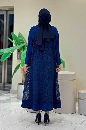 Yakalı Dantel Güpür Detay Abaya 7830 Lacivert