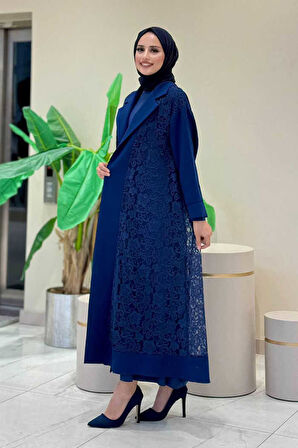 Yakalı Dantel Güpür Detay Abaya 7830 Lacivert