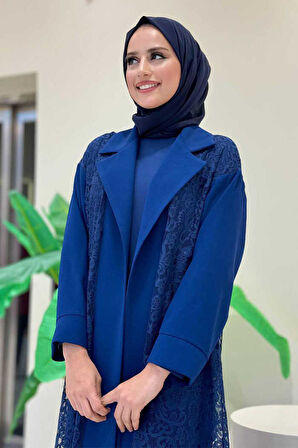 Yakalı Dantel Güpür Detay Abaya 7830 Lacivert