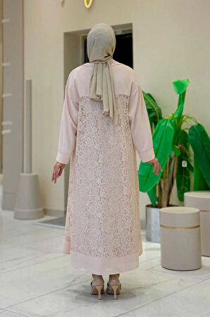 Yakalı Dantel Güpür Detay Abaya 7830 Taş