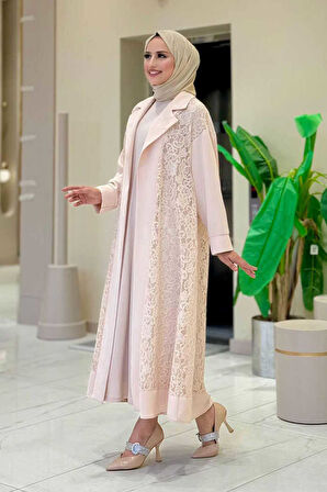 Yakalı Dantel Güpür Detay Abaya 7830 Taş