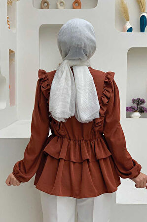 Fırfır Detay Bel Lastikli Kat Görünümlü Bluz 5207 Kahverengi