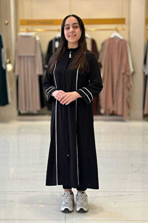 Fermuarlı Biyeli Çocuk Feracesi 6031 Siyah