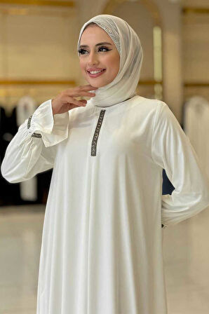 Taş Detaylı Elbise 6033 Ekru