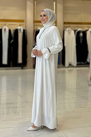 Taş Detaylı Elbise 6033 Ekru