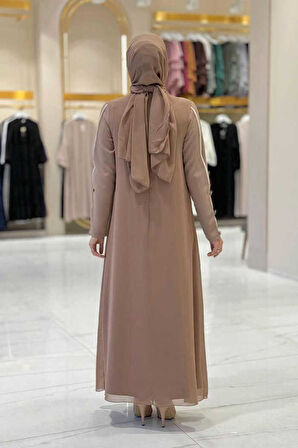 Büyük Beden Düğme Detaylı Elbise 3919-1 Vizon