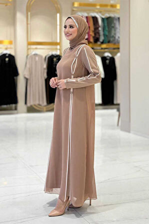 Büyük Beden Düğme Detaylı Elbise 3919-1 Vizon