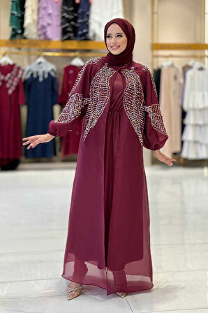 Taş Detaylı Elbise Abaya Takım 3943 Bordo