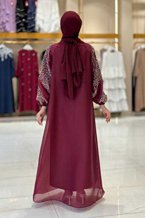 Taş Detaylı Elbise Abaya Takım 3943 Bordo