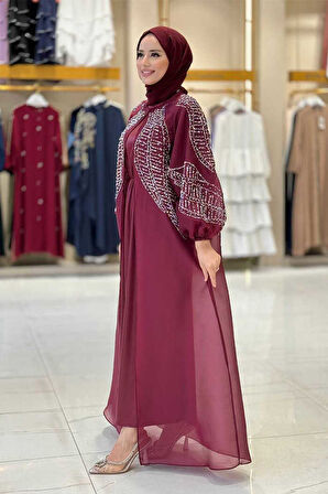 Taş Detaylı Elbise Abaya Takım 3943 Bordo