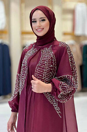Taş Detaylı Elbise Abaya Takım 3943 Bordo