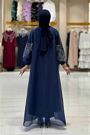 Taş Detaylı Elbise Abaya Takım 3943 Lacivert