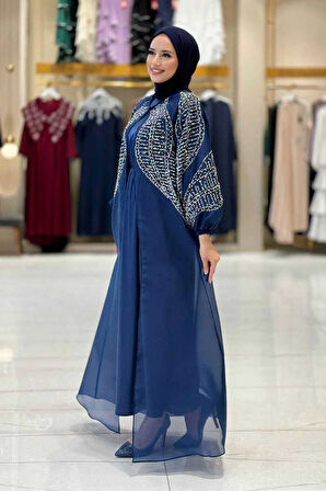 Taş Detaylı Elbise Abaya Takım 3943 Lacivert