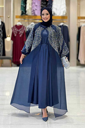 Taş Detaylı Elbise Abaya Takım 3943 Lacivert
