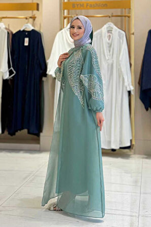 Taş Detaylı Elbise Abaya Takım 3943 Mint