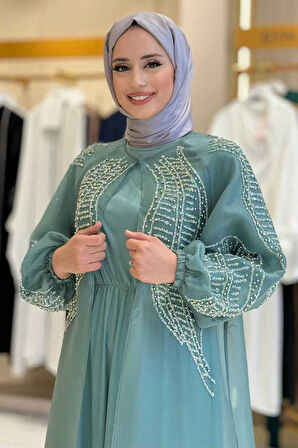 Taş Detaylı Elbise Abaya Takım 3943 Mint