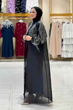 Taş Detaylı Elbise Abaya Takım 3943 Siyah