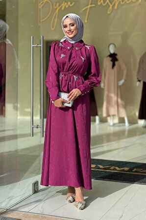 Taş Detaylı Jakar Elbise 3924 Mürdüm