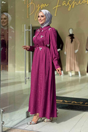 Taş Detaylı Jakar Elbise 3924 Mürdüm