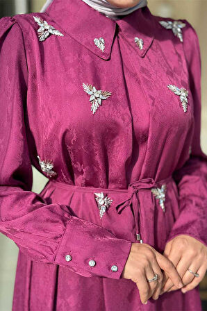 Taş Detaylı Jakar Elbise 3924 Mürdüm