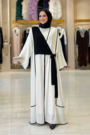 Önden Bağlama Detaylı Abaya 70005 Ekru
