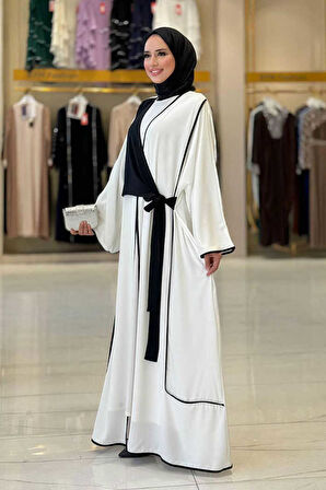 Önden Bağlama Detaylı Abaya 70005 Ekru
