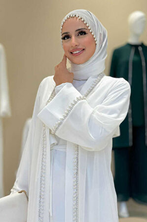 İnci Detaylı Abaya Elbise Takım 8493 Ekru