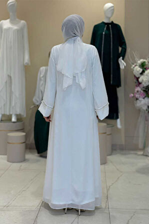 İnci Detaylı Abaya Elbise Takım 8493 Ekru