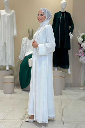 İnci Detaylı Abaya Elbise Takım 8493 Ekru