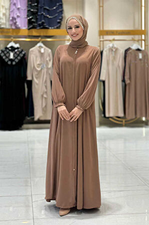 Fermuarlı Kol Manşetleri Büzgülü Mevlana Ferace 6007 Vizon