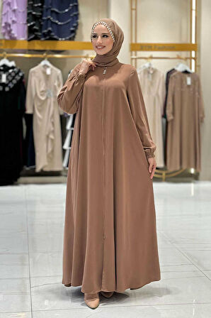 Fermuarlı Kol Manşetleri Büzgülü Mevlana Ferace 6007 Vizon