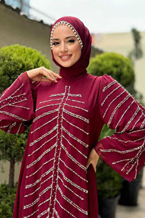 Taş Detaylı Abiye Elbise 3915 Bordo