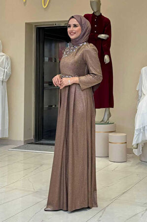 Simli Taş Detaylı Abiye 3934 Vizon