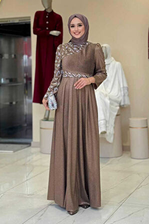 Simli Taş Detaylı Abiye 3934 Vizon