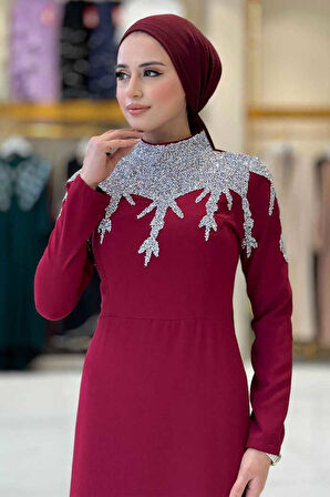 Taş Detaylı Abiye Elbise 3916 Bordo