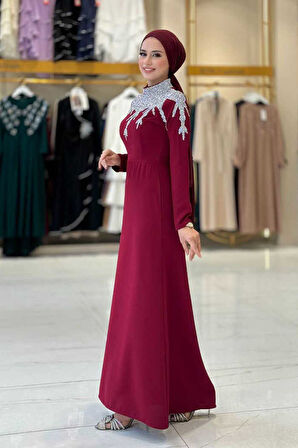 Taş Detaylı Abiye Elbise 3916 Bordo